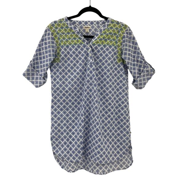 Hatley 3/4 Sleeve Blue & White Geometric Print V Neck Tunic Top Small - Picture 1 of 4